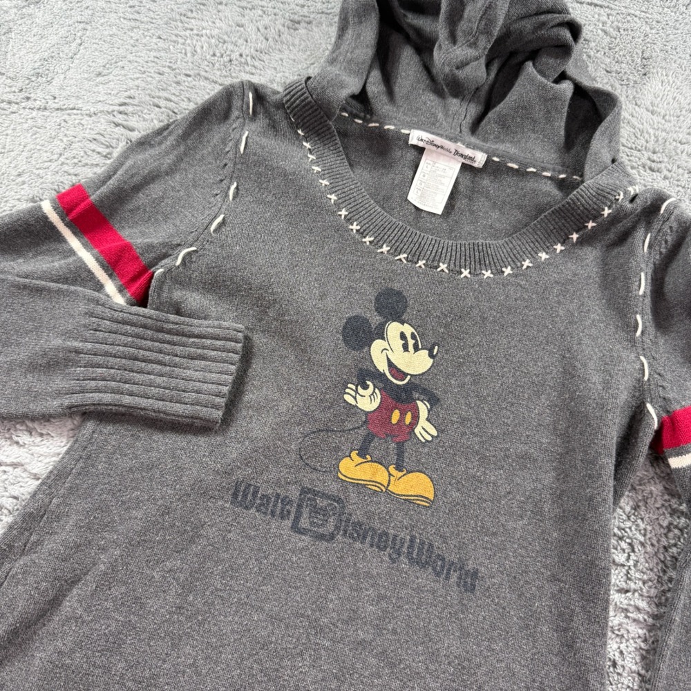 Disney Parks Mickey Mouse Gray Knit Sweater Hoodie Women Large Walt Disney World